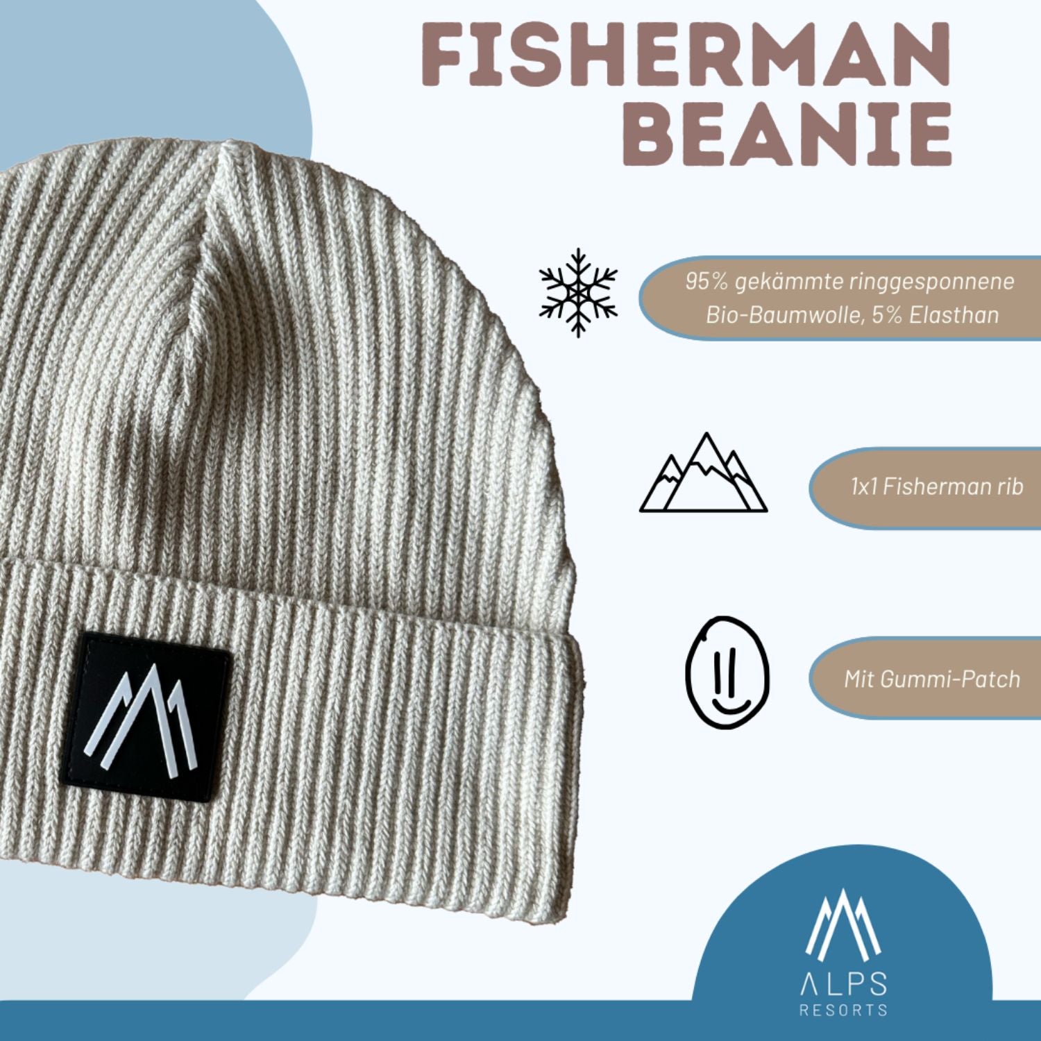 ALPS RESORTS Mütze | Beanie aus Bio-Baumwolle | weiß mit Gummi-Patch | formstabil