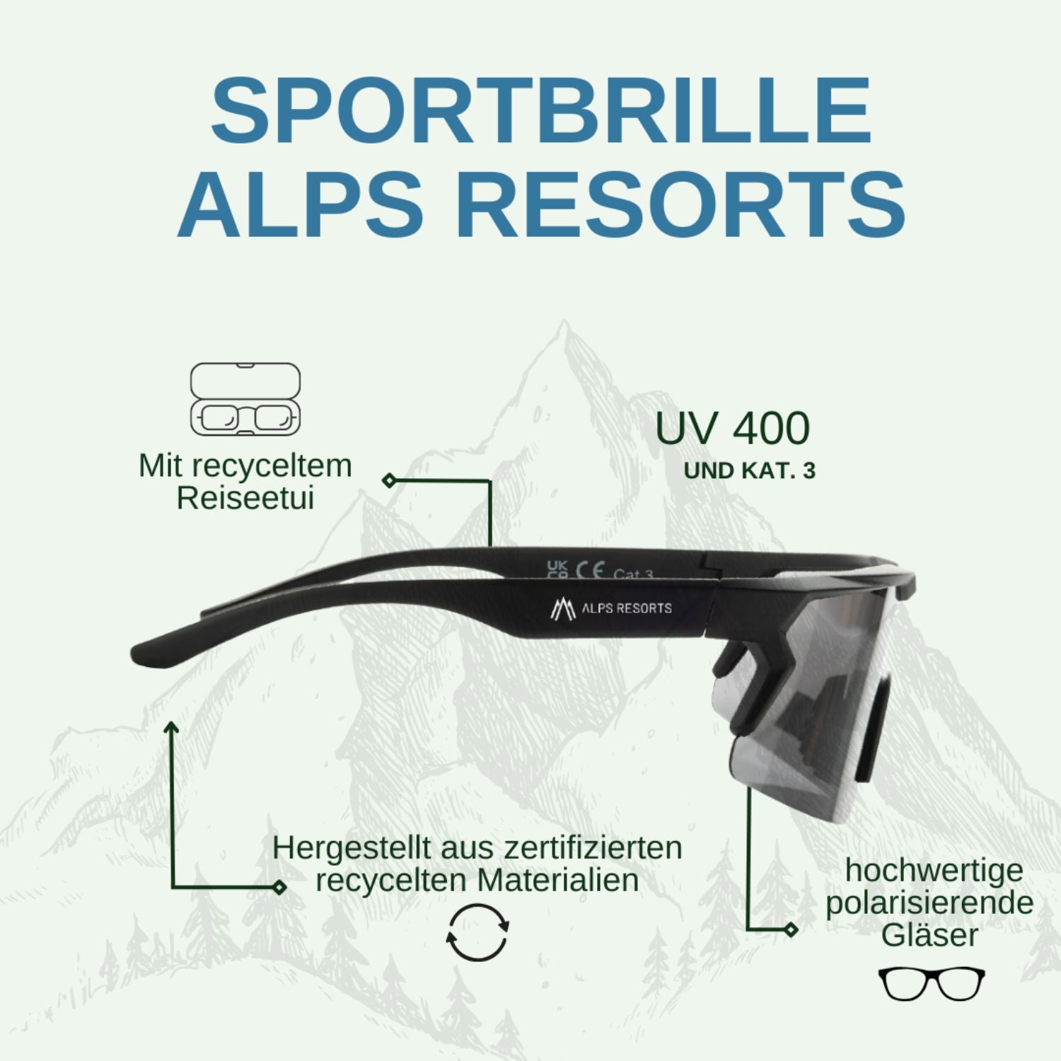 ALPS RESORTS Sportbrille | hochwertige polarisierte Gläser | UV 400 - Kat.3 | inkl. Reiseetui | aus recyceltem Material