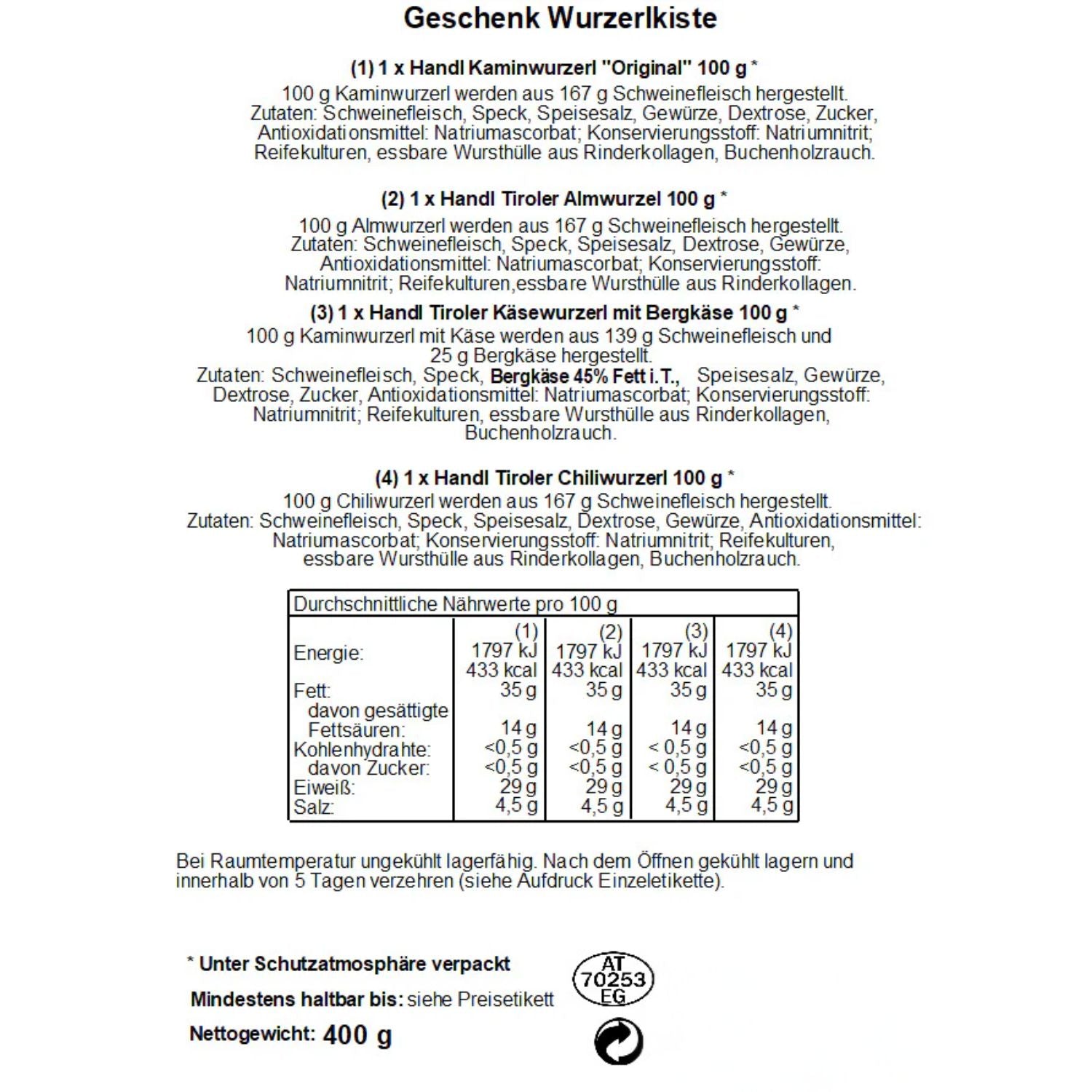 Wurzerlkiste | 4 verschiedene Würste | 400 g | in der Holzkiste | Made in Austria