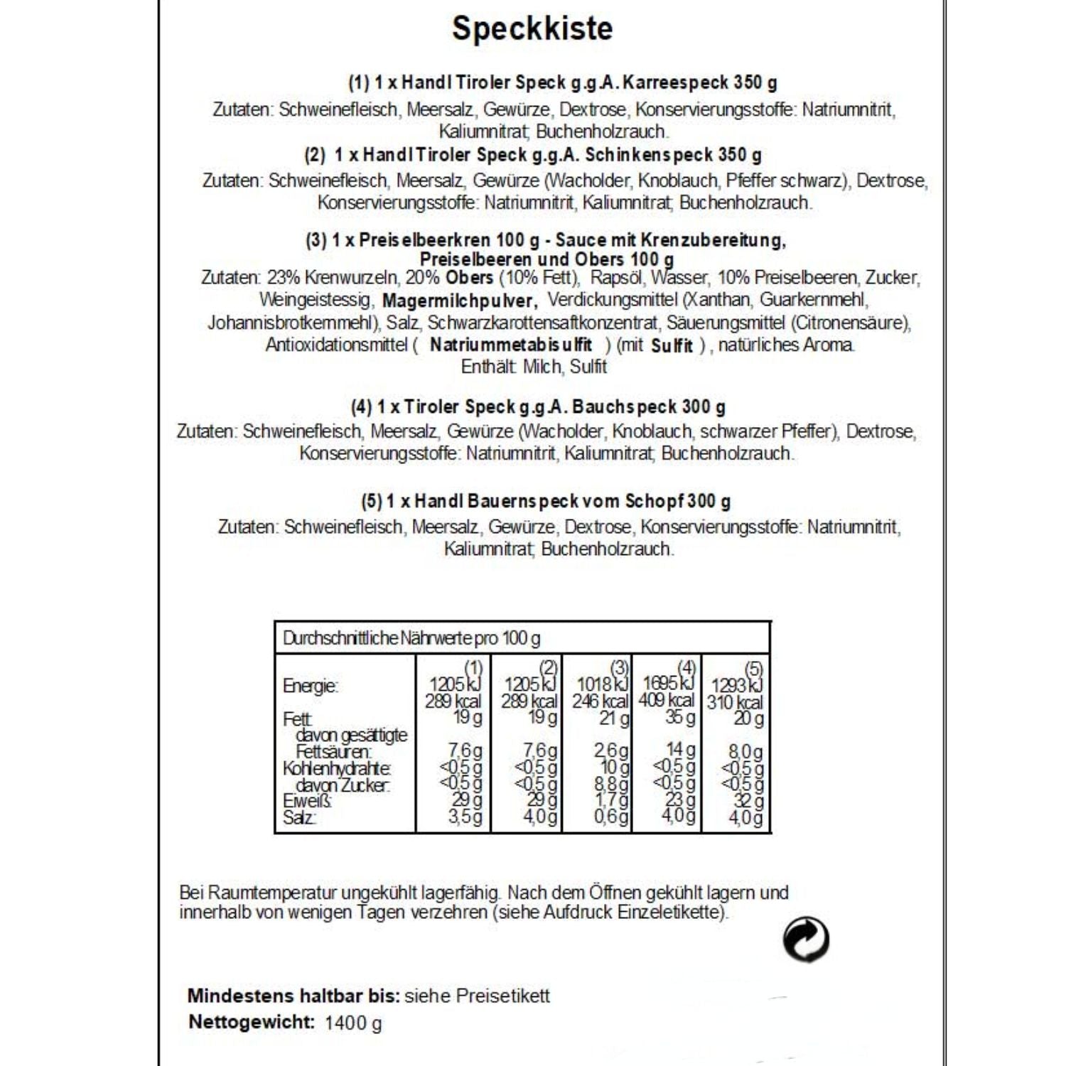 Speckkiste | 4 verschiedene Specksorten, Preiselbeerkren | 1400 g | im Geschenkskarton | Made in Austria