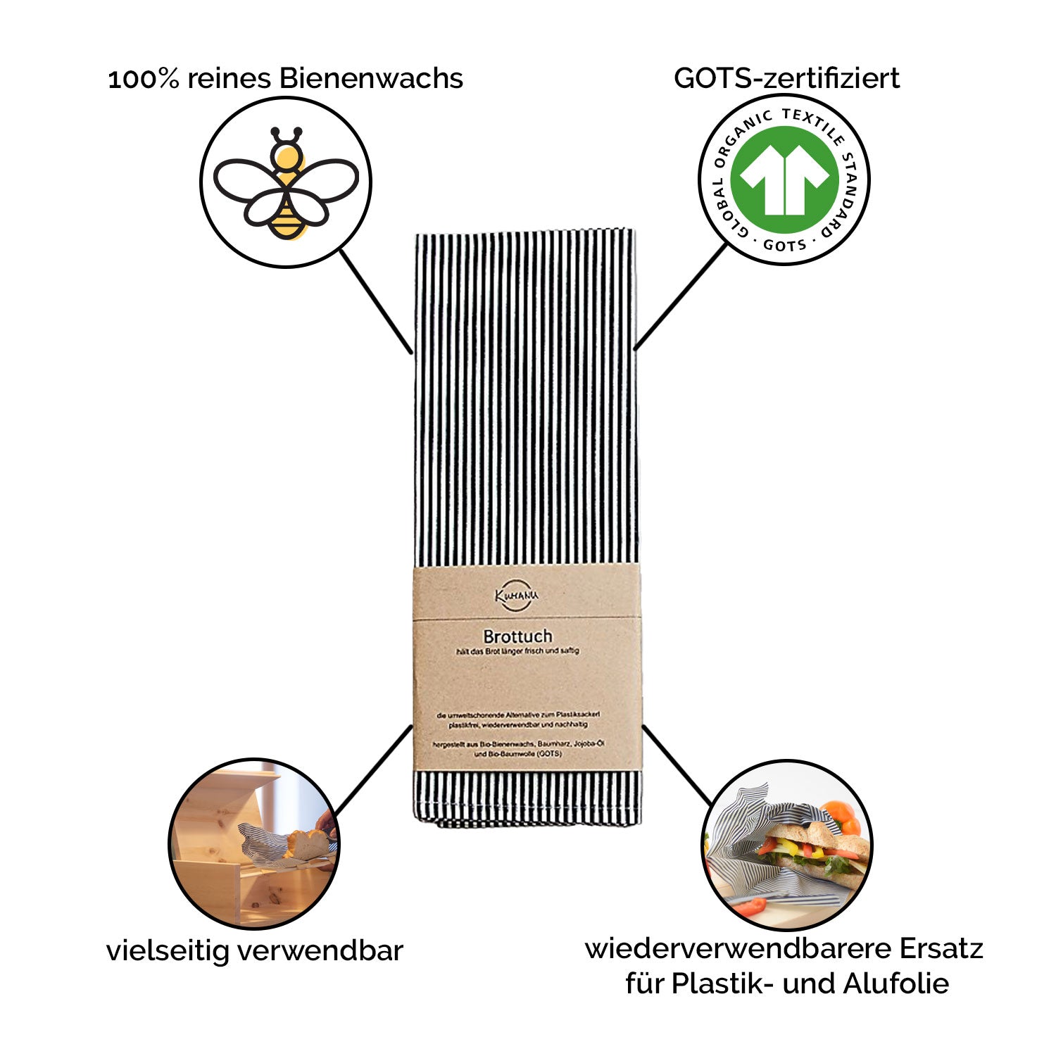 Bienenwachstuch | 30x30 cm | gestreift marineblau | GOTS zertifizierte Baumwolle | reines Bienenwachs