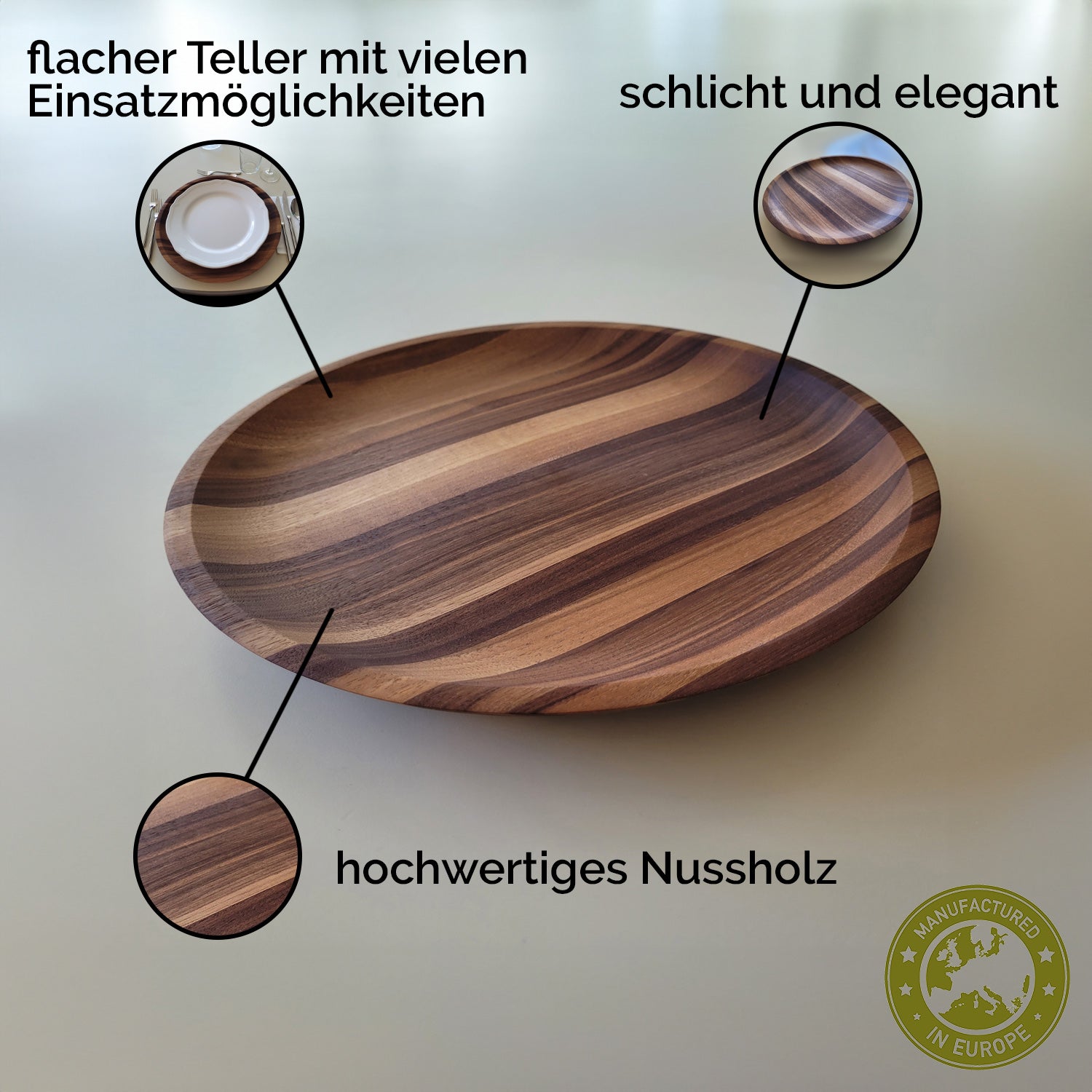 Servierteller, Snackteller, Obstteller | in Nussholz | rund 35 cm | Made in Europe