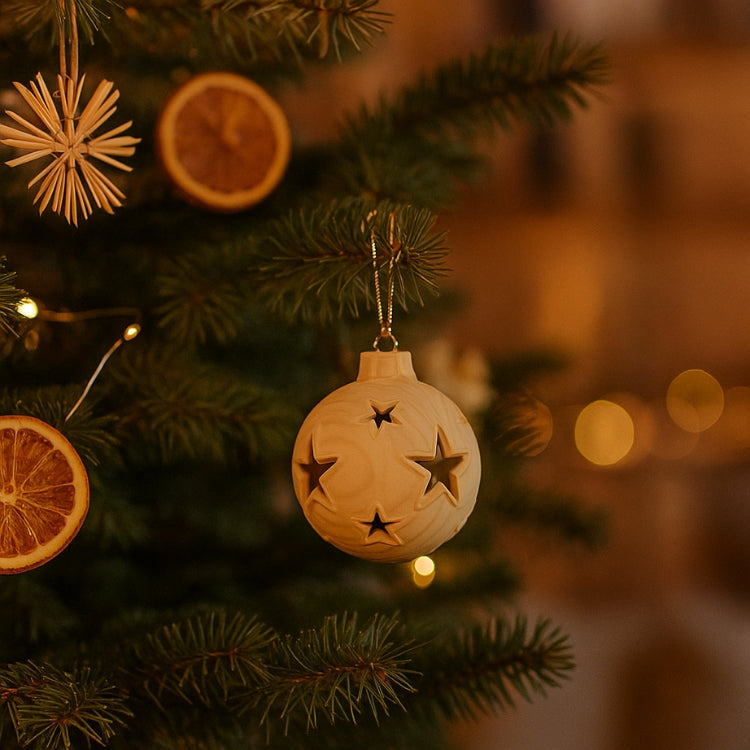 Weihnachtskugel | Sterne | hohl | mit oder ohne Beleuchtung | Zirbenholz natur | Durchmesser 8 cm | Made in Italy