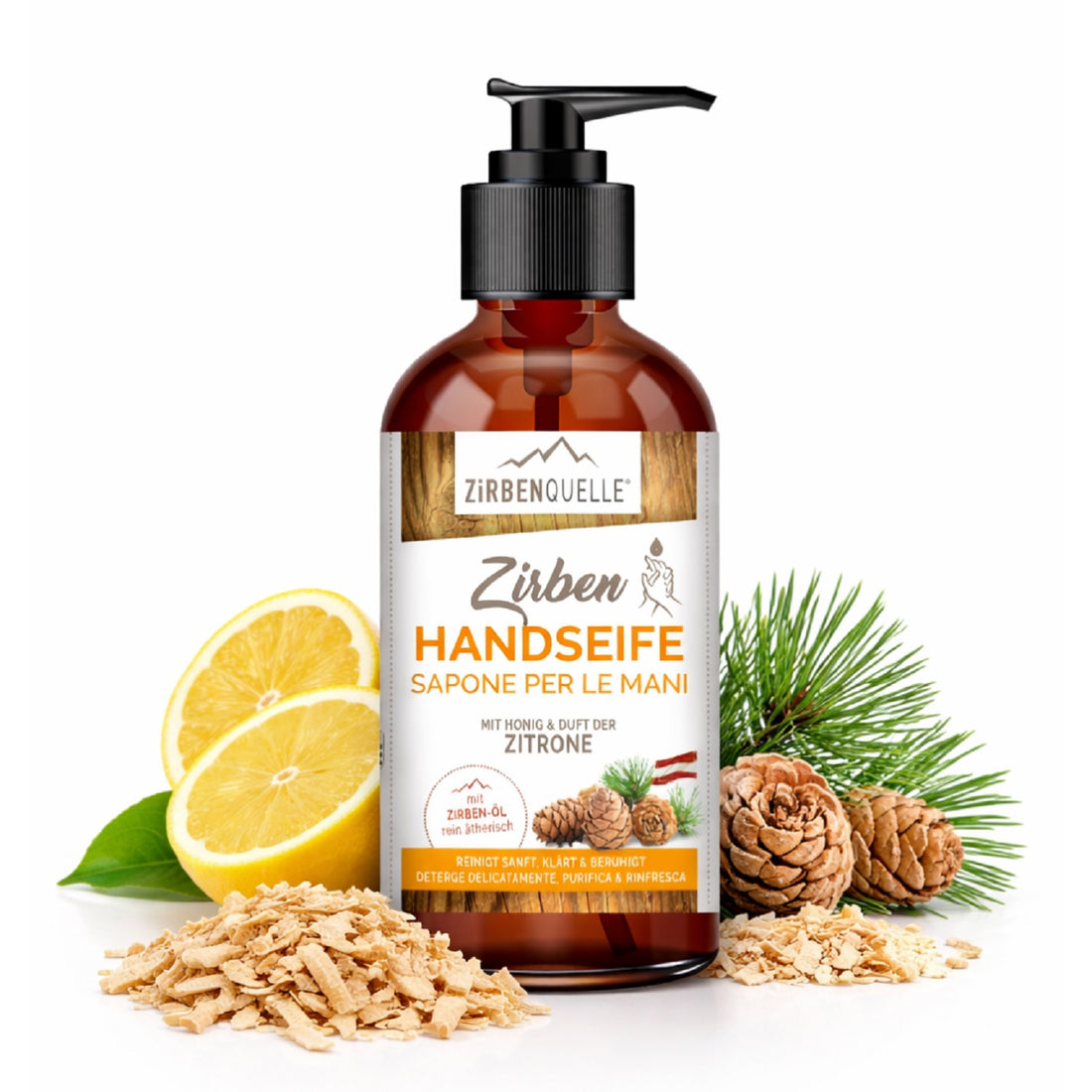 Zirben Handseife | 250 ml | Pumpflasche | mit Honig und Duft der Zitrone | Made in Austria