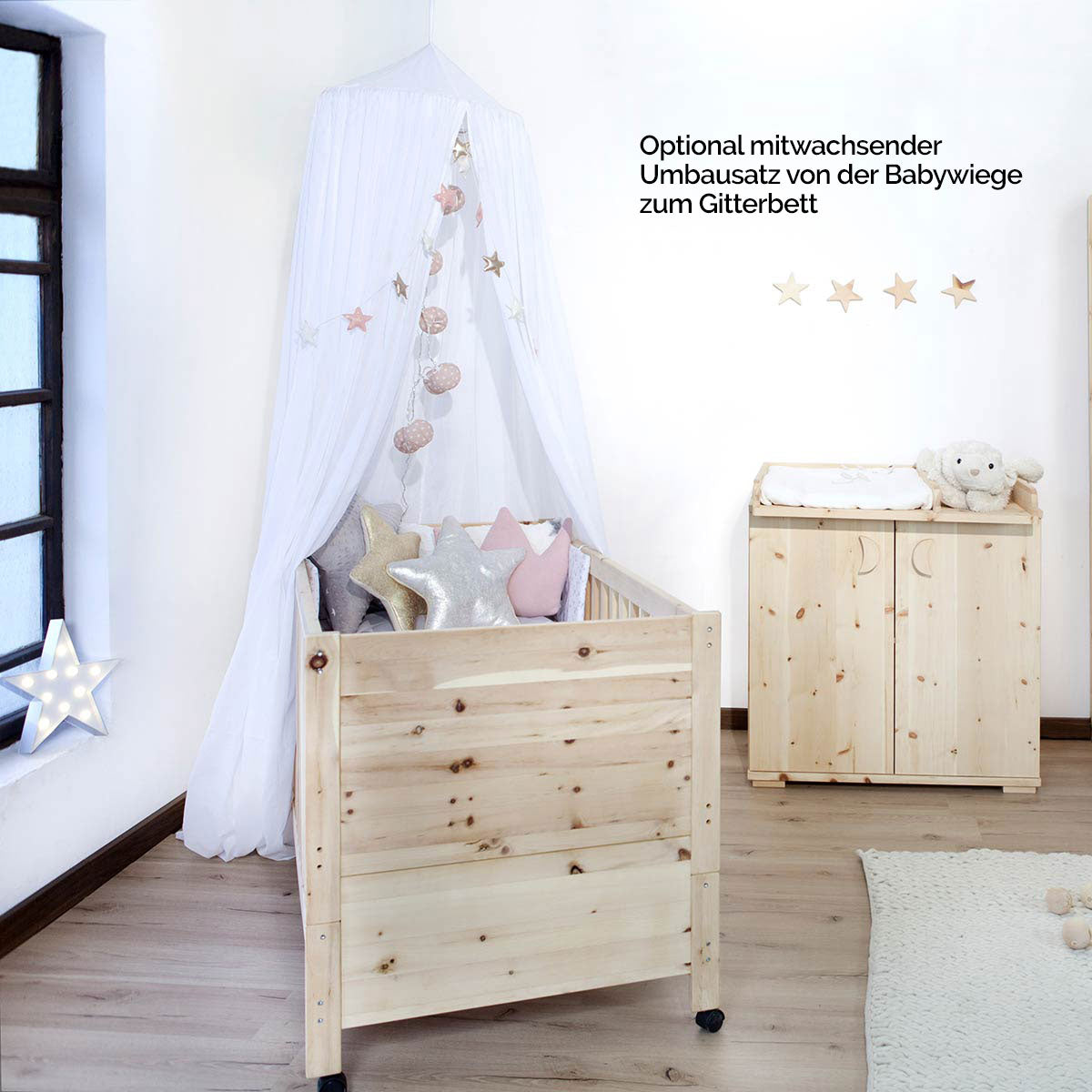 Mitwachsende Babywiege flexibel erweiterbar - aus Zirbenholz &