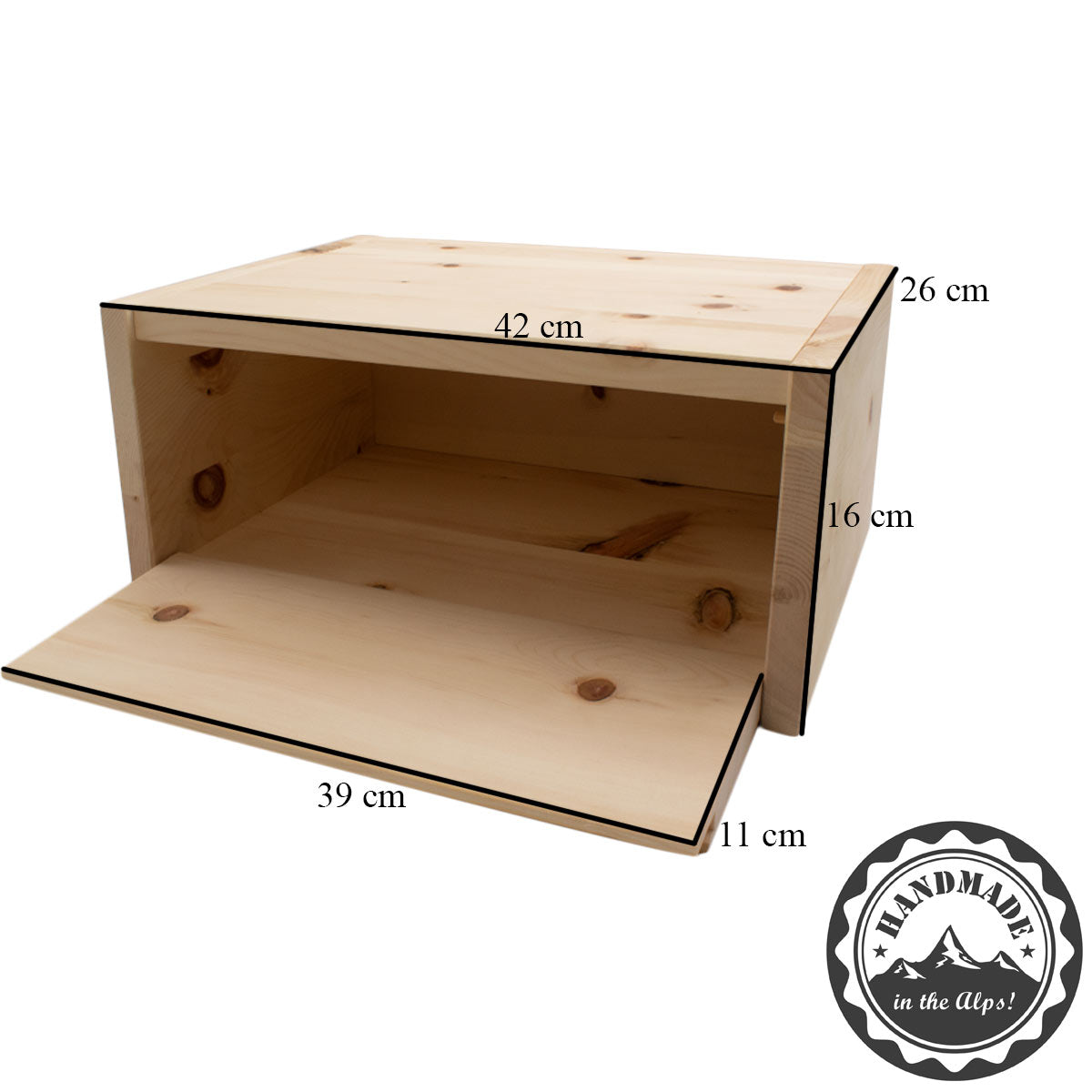 Brotkasten aus Zirbe mit Maßen : H 16cm ,T 26cm, B 42cm