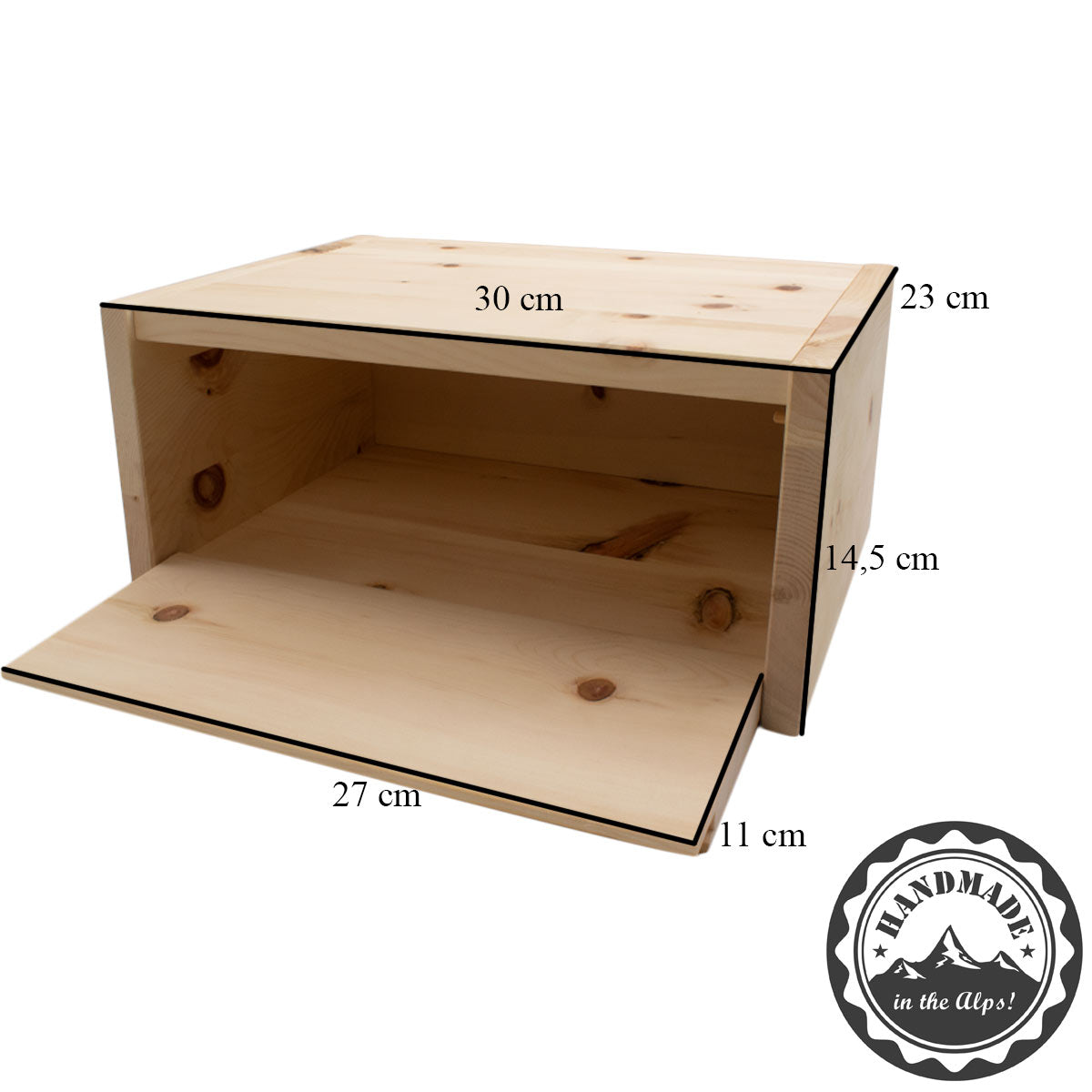 Brotkasten aus Zirbe mit Maßen : H 14,5cm ,T 23cm, B 30cm