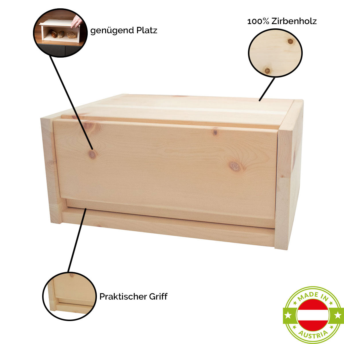 Brotkasten aus Zirbenholz mit Frontöffnung-100% Zirben-praktischer Griff-genug Platz