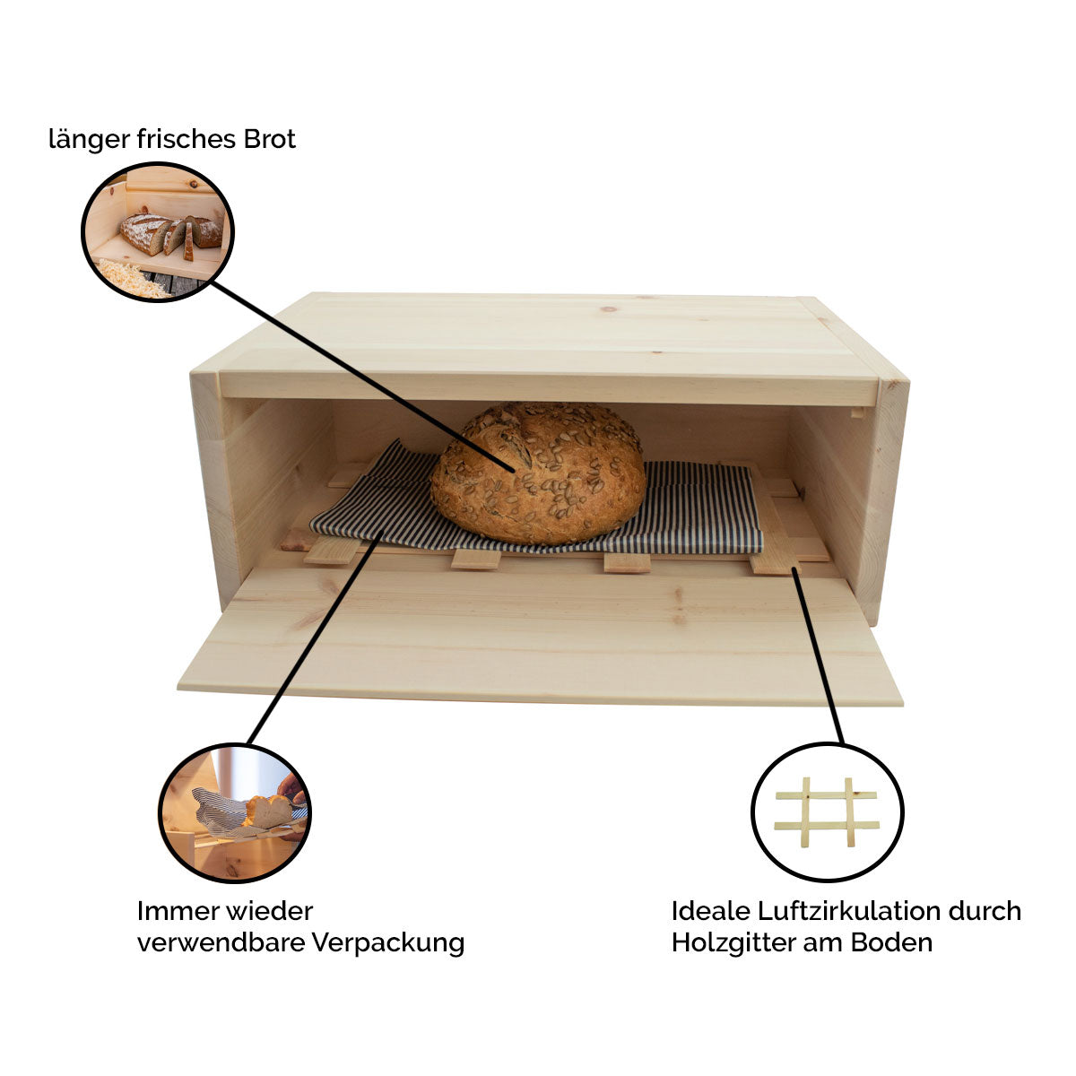Brotkasten aus Zirbenholz mit Frontöffnung-Leinentuch wiederverwendbar-Feuchtigkeitsregulierung- Brot bleibt länger frisch