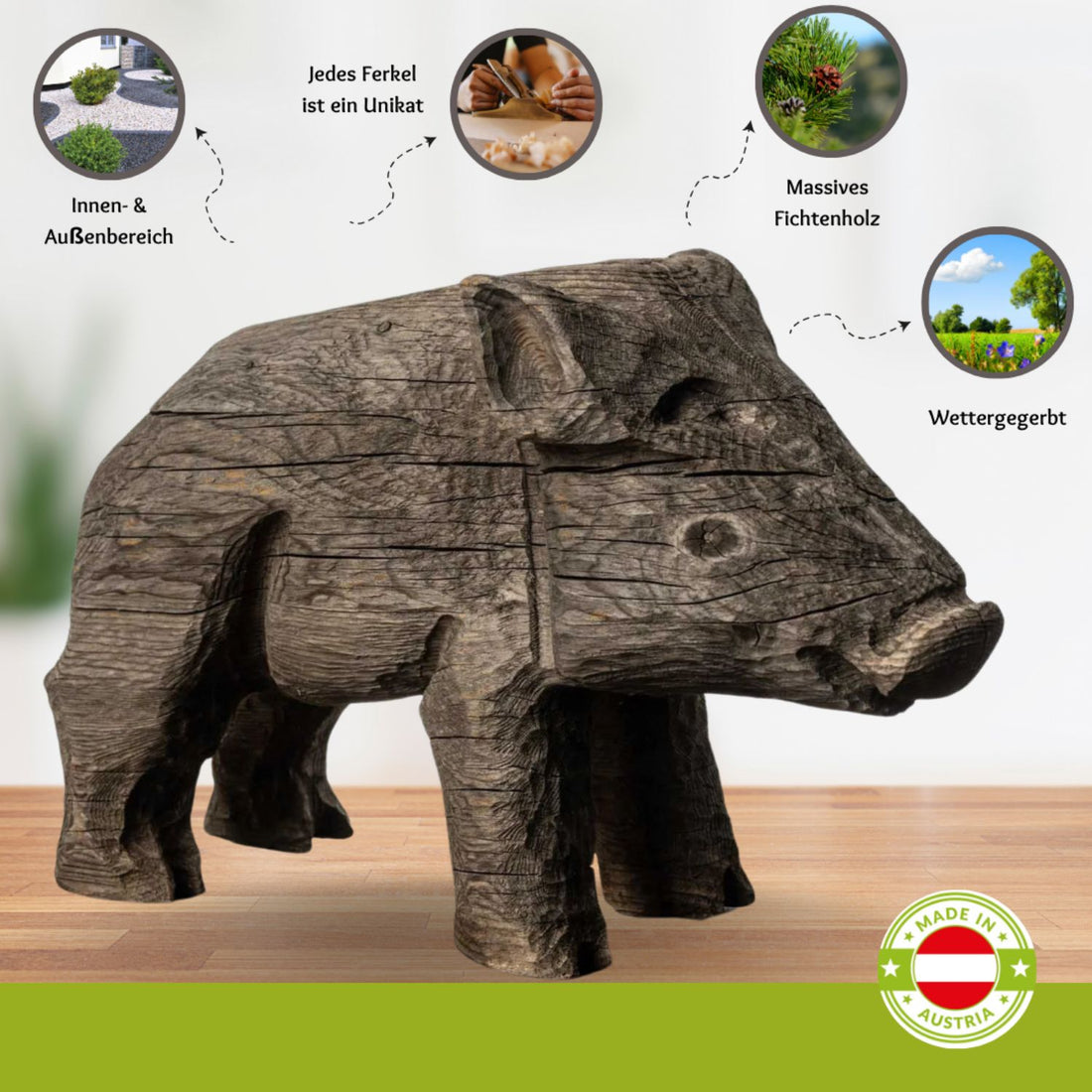 Ferkel aus Fichtenholz | wettergegerbt | H 27,5 x B 15 cm | Made in Austria