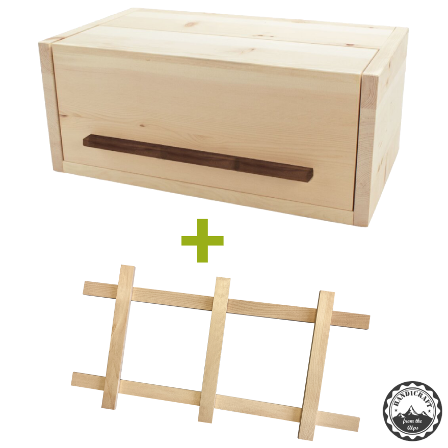 Brotkasten mit Nussgriff und Klappdeckel | Zirbenholz | inkl. Einlegegitter | L 45 x B 25 x H 16 cm | Made in Austria