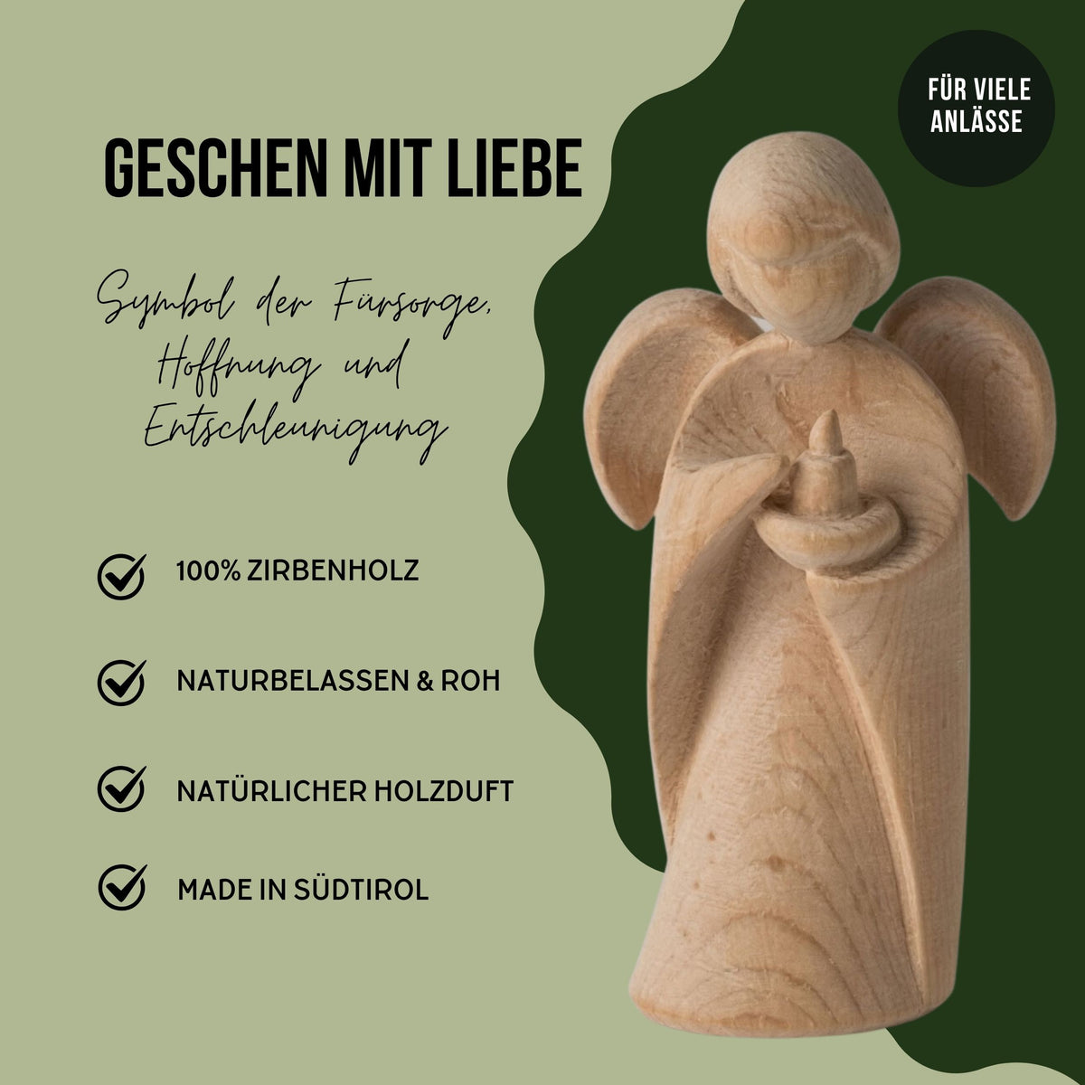 Klassischer Schutzengel aus Zirbenholz | 9 cm | Geschenk zur Taufe oder zu Weihnachten | Handwerk aus Südtirol