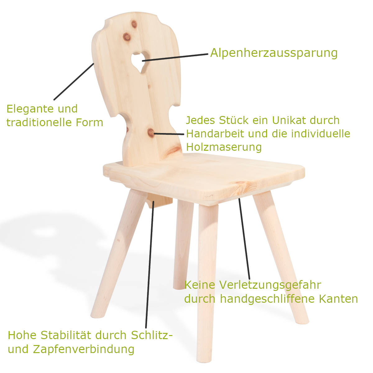 Kindersitzgruppe in Zirbenholz ‘Sweetheart’ | 1 Tisch und 4 Stühle | Made in Südtirol