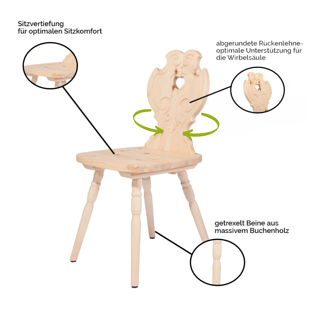Bauernstuhl aus Zirbenholz - rustikaler Stuhl in Handwerk aus Südtirol &