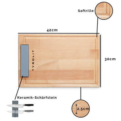 Hochwertiges Schneidebrett Plus Groß aus geöltem Buchenholz inkl. Keramik-Schleifstein | mit Saftrille