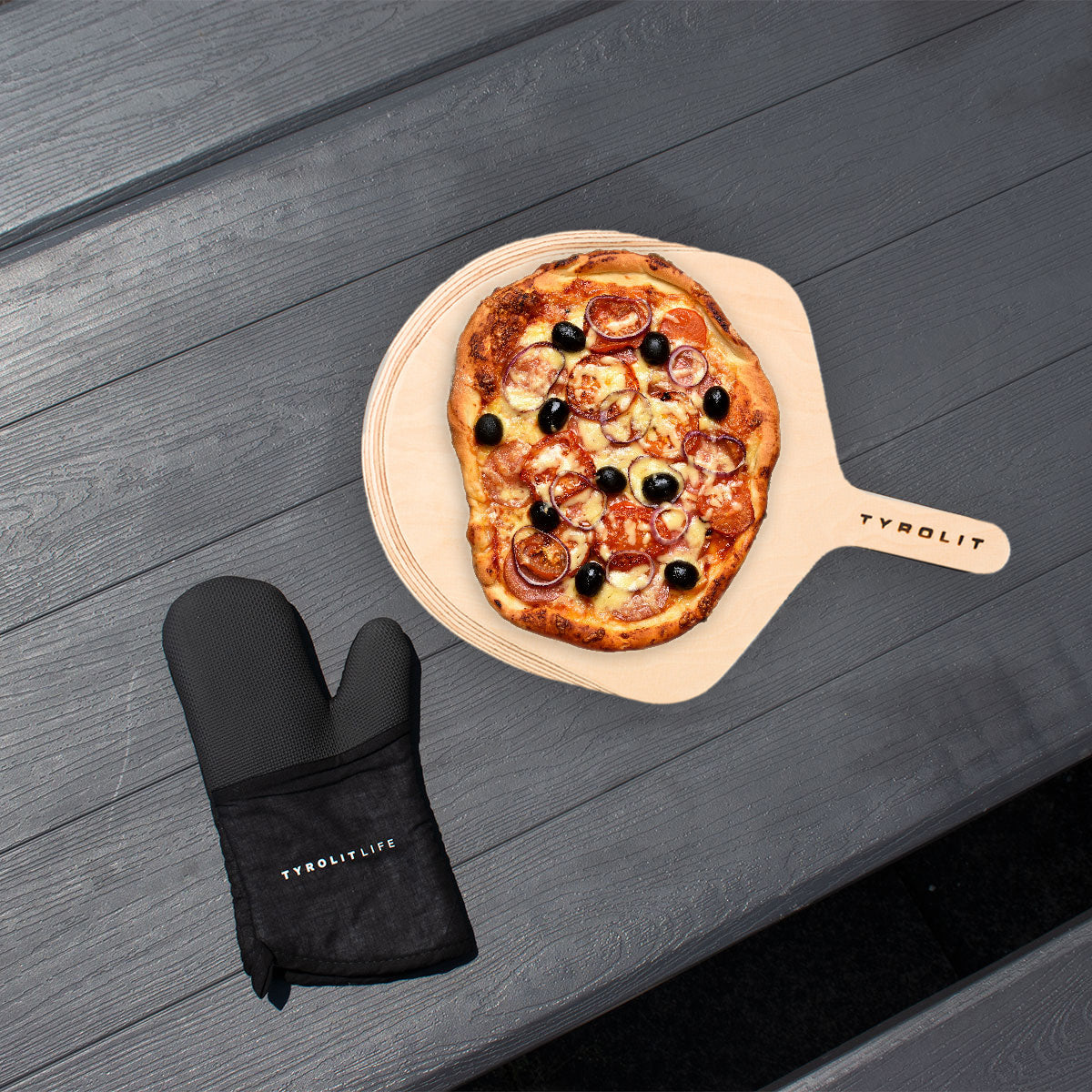 3-teilig Set - Pizzastein aus hochwertigem Cordierit mit Pizzaheber &amp; Grillhandschuh