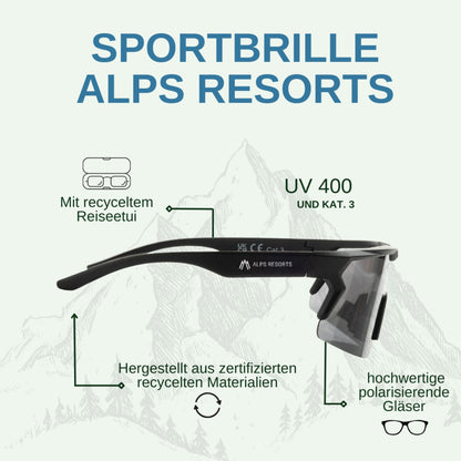 ALPS RESORTS Sportbrille | hochwertige polarisierte Gläser | UV 400 - Kat.3 | inkl. Reiseetui | aus recyceltem Material