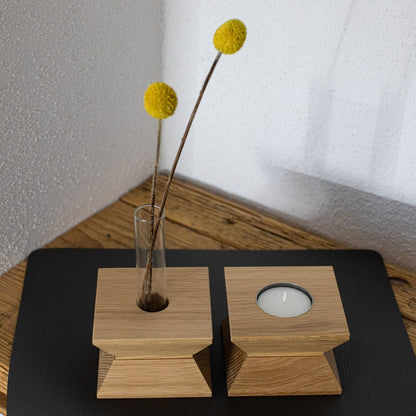 Holzvase und Kerzenständer | Eiche und Reagenzgläser | B 20 x T 3,5 x H 11 cm | Made in Germany