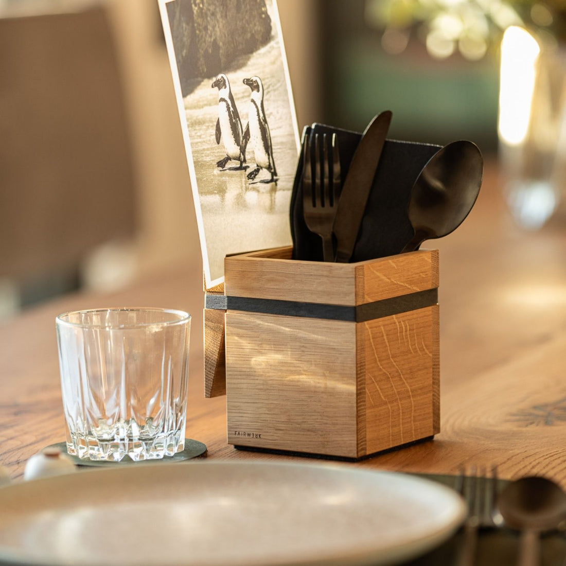 Besteckhalter mit Klammer | Eiche, Silikonband, Violan Gleiter | B 10 x T 12 x H 12 cm | Made in Germany