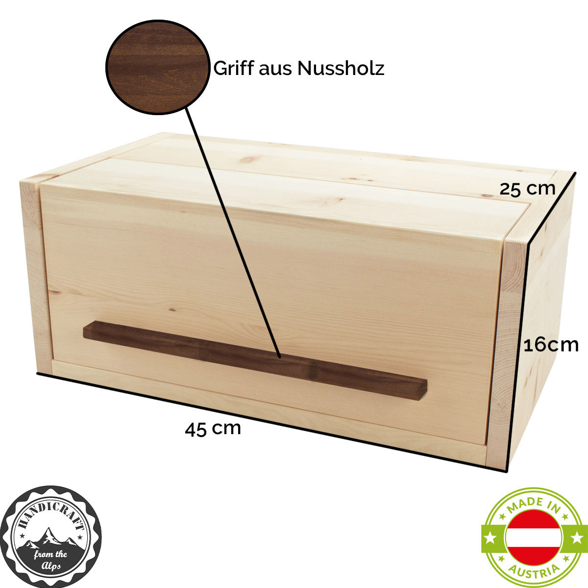 Brotkasten mit Nussgriff und Klappdeckel | Zirbenholz | inkl. Einlegegitter | L 45 x B 25 x H 16 cm | Made in Austria