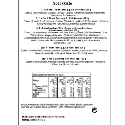 Speckkiste | 4 verschiedene Specksorten, Preiselbeerkren | 1400 g | im Geschenkskarton | Made in Austria