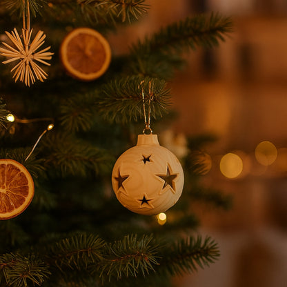 Weihnachtskugel | Sterne | hohl | mit oder ohne Beleuchtung | Zirbenholz natur | Durchmesser 8 cm | Made in Italy