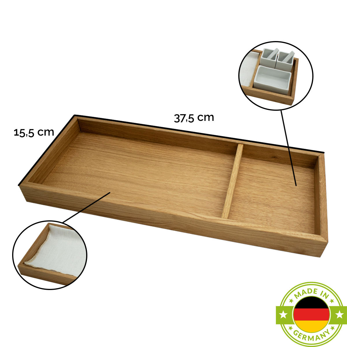 Porzellanschalen Set mit Tableau aus Eiche in verschiedenen Farbtönen für den Tisch | 3 x Gefäße, 2 x Löffel, 1 x Tuch und 1 x Tableau