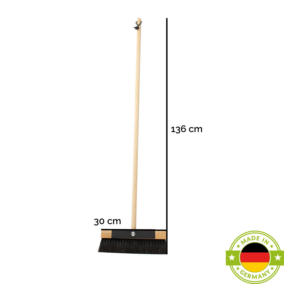 Kehrset - Kehrbesen L 1,35 m &amp; Kehrblech mit Handfeger | aus Eiche und Rosshaar | mit schwarz lackiertem Aluminium