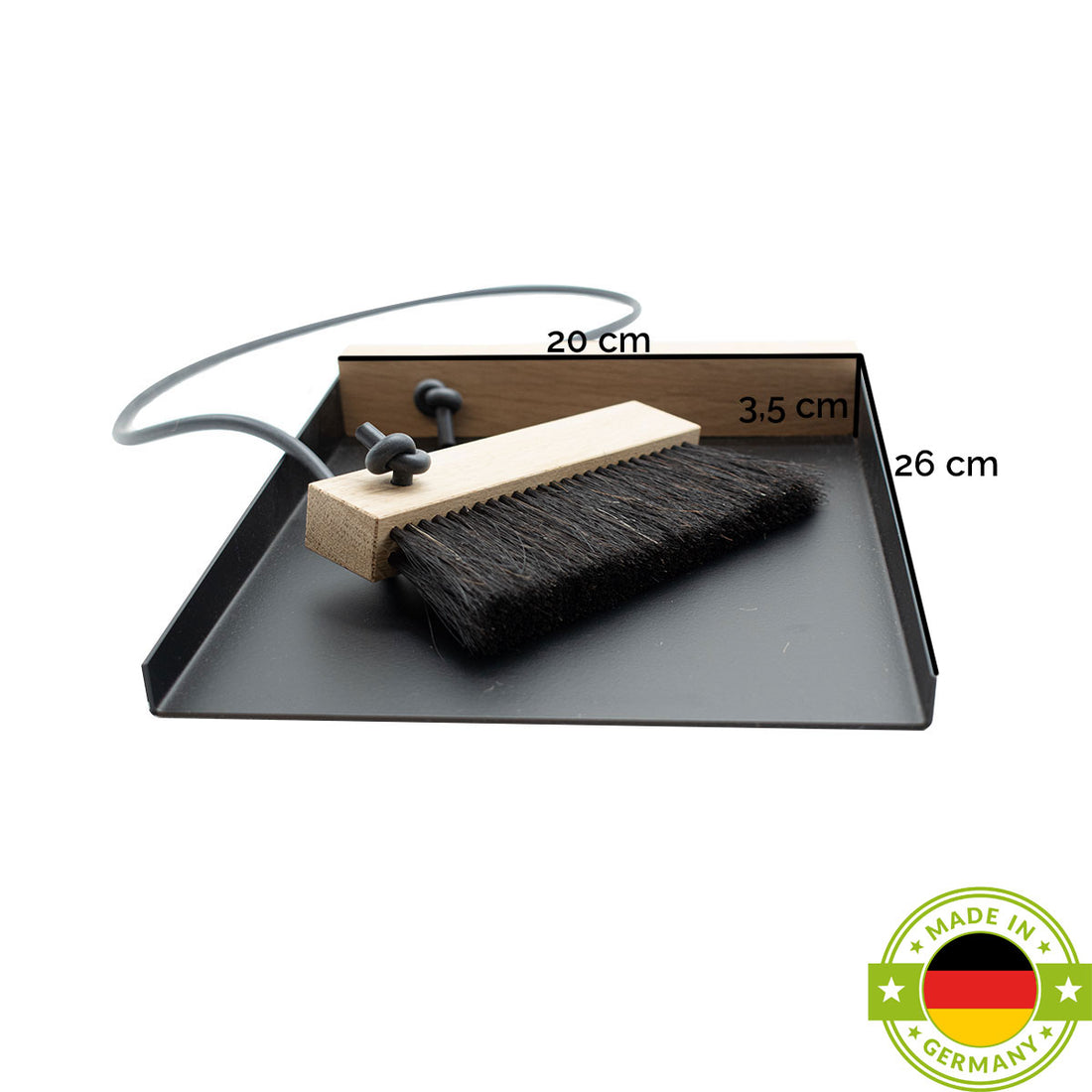 Kehrset - Kehrbesen L 1,35 m &amp; Kehrblech mit Handfeger | aus Eiche und Rosshaar | mit schwarz lackiertem Aluminium