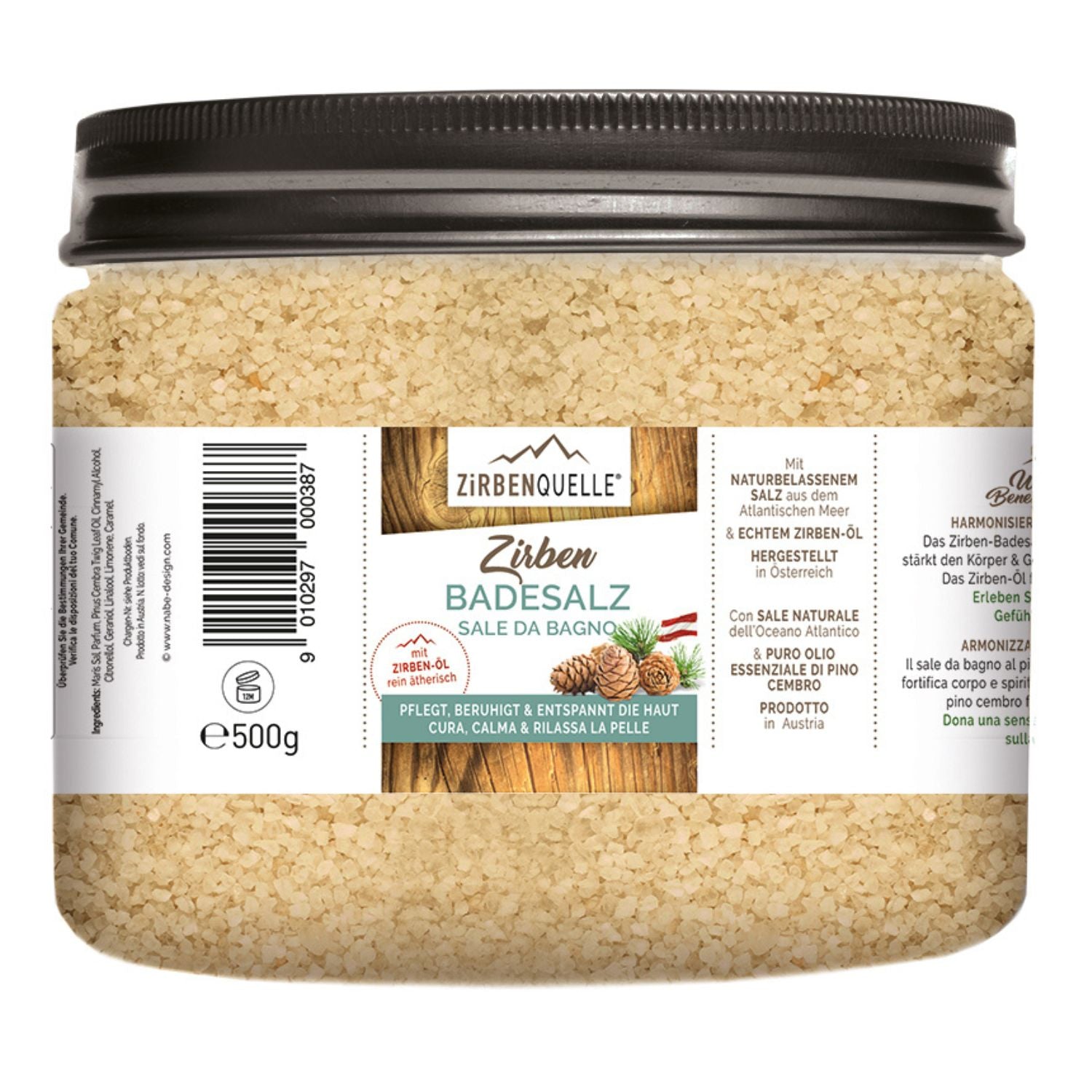 Zirben Badesalz | 500 g | Schraubdose | Zirbenöl und naturbelassenes Meersalz | Made in Austria