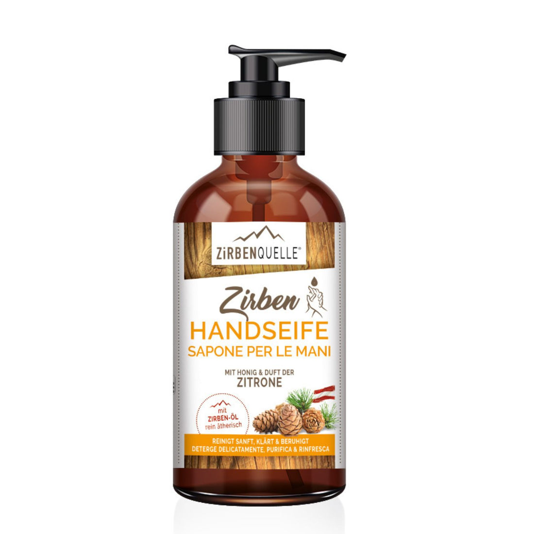 Zirben Handseife | 250 ml | Pumpflasche | mit Honig und Duft der Zitrone | Made in Austria