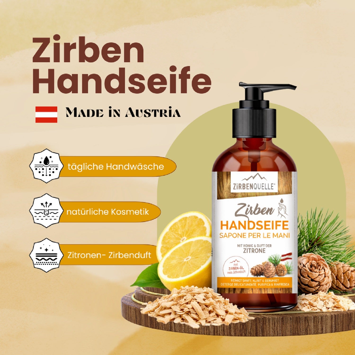 Zirben Handseife | 250 ml | Pumpflasche | mit Honig und Duft der Zitrone | Made in Austria