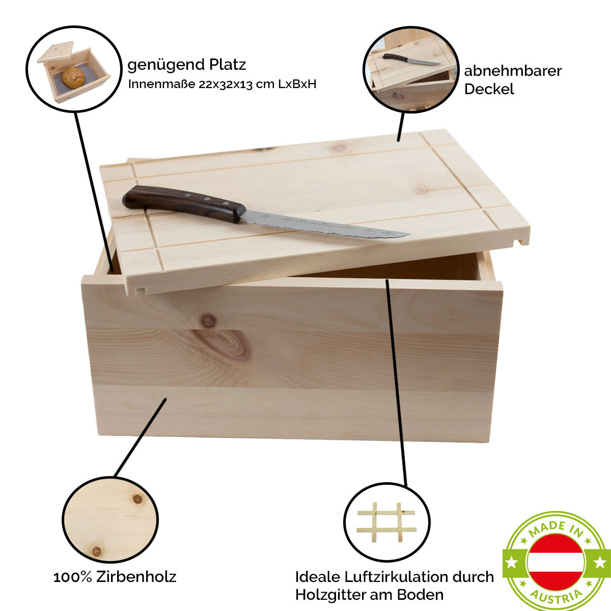 Brotdose aus Zirbenholz 35x25x15,8 cm