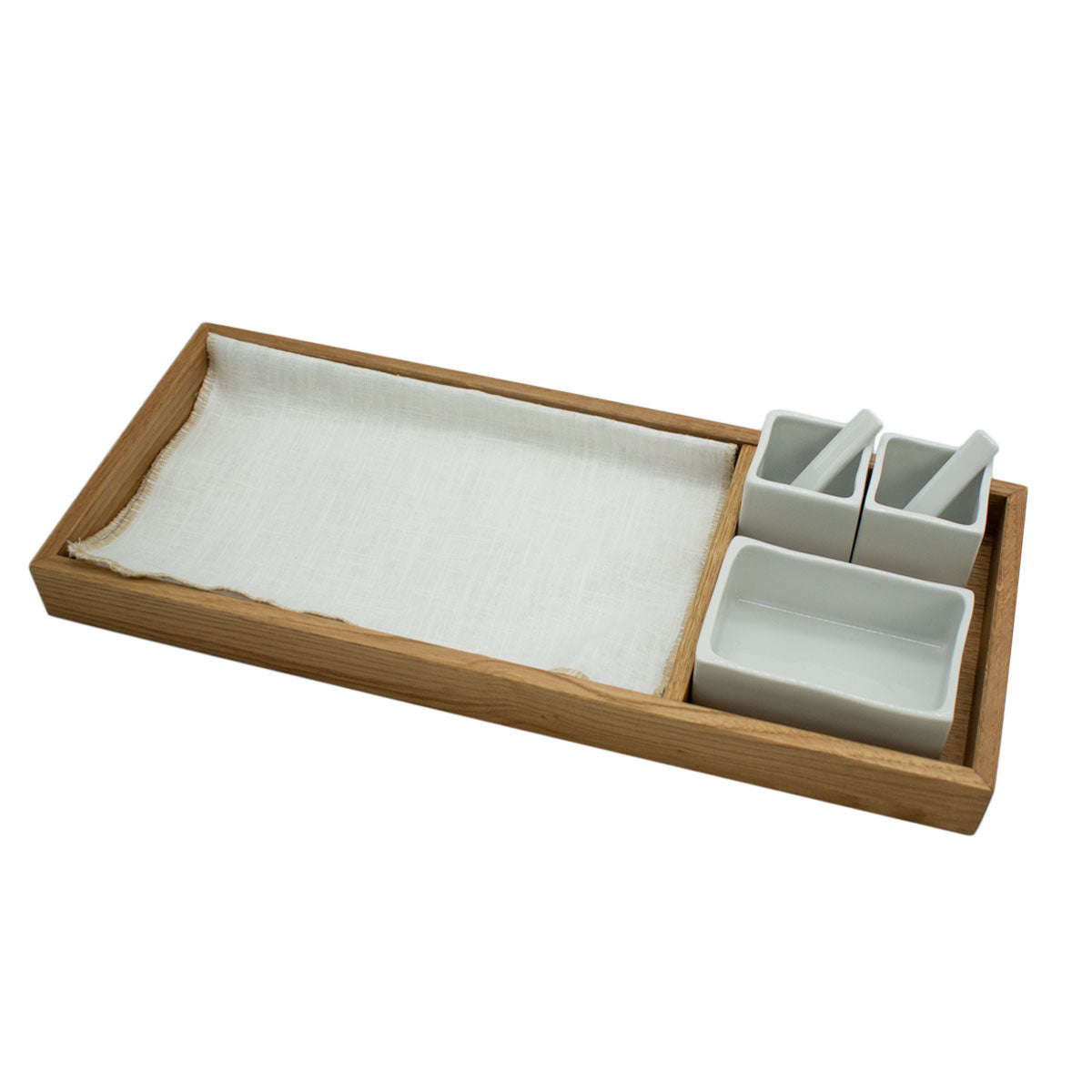 Porzellanschalen Set mit Tableau aus Eiche in verschiedenen Farbtönen für den Tisch | 3 x Gefäße, 2 x Löffel, 1 x Tuch und 1 x Tableau