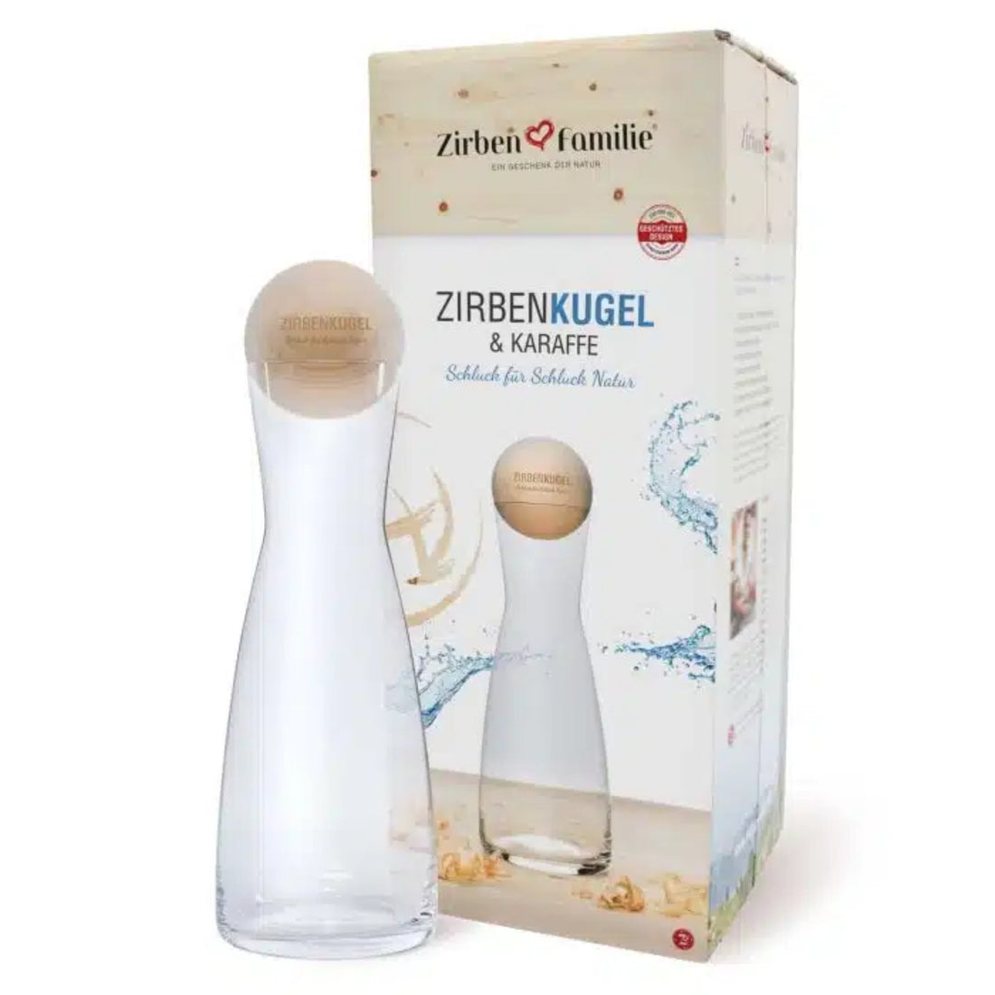 ZirbenKugel Set &quot;ZirbenKugel by ZirbenFamilie&quot; - 1 Liter Glaskaraffe + Zirbenkugel DM 7 cm - inkl. Gravur