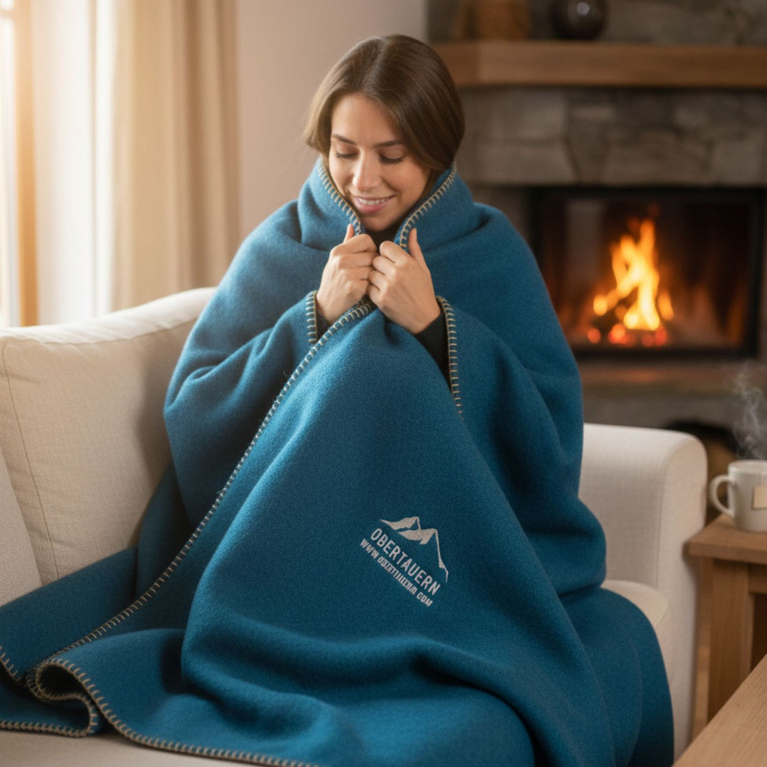 Obertauern Wolldecke Loden | 190 x 150 cm | 50% Merinowolle / 50% Alpaca | Blau/Wollweiß